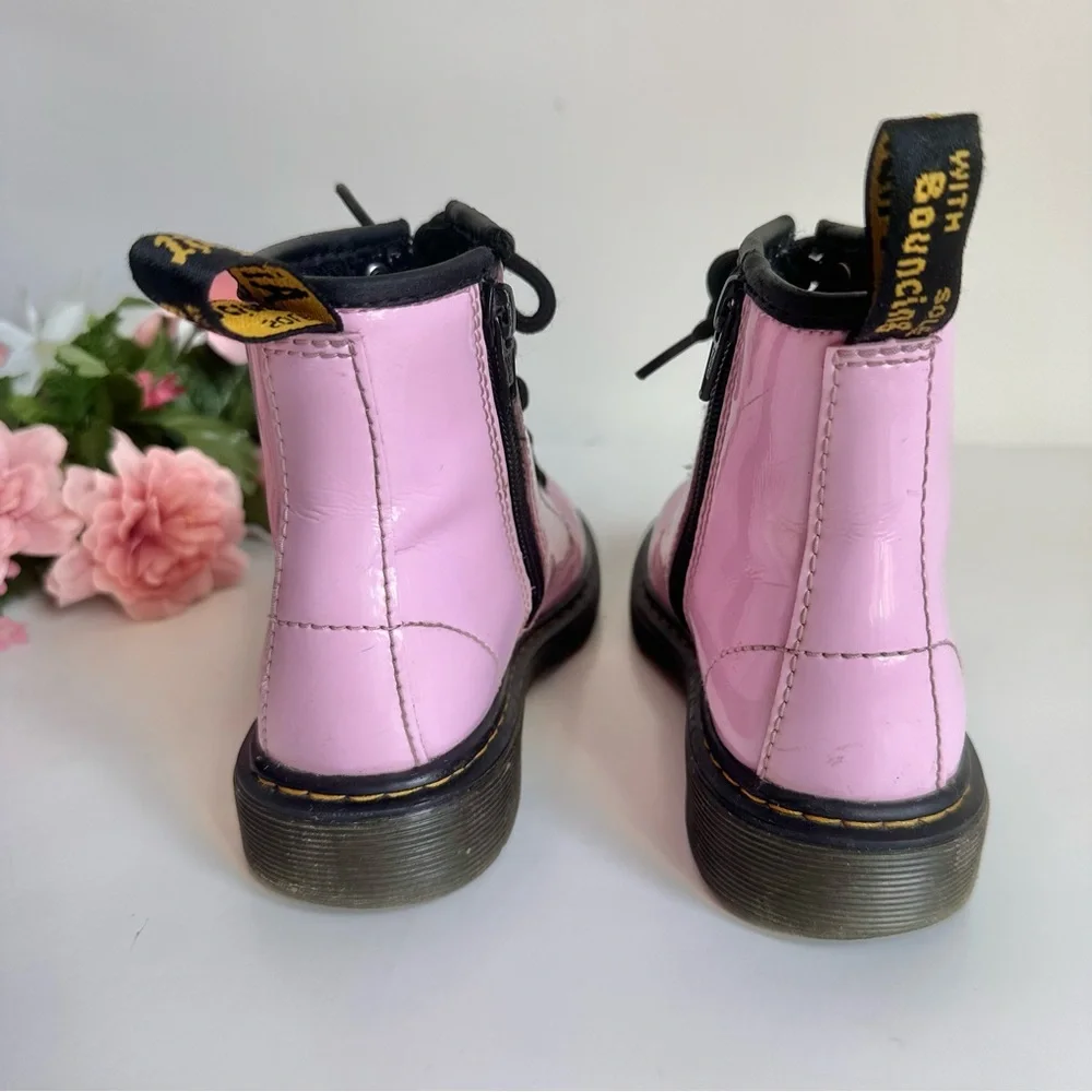 Dr. Martens Lamper 1460J Light Pink Patent Leather Lace Up- Side Zip Girl Boots